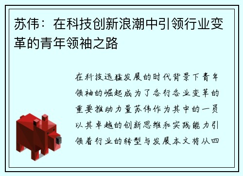 苏伟：在科技创新浪潮中引领行业变革的青年领袖之路